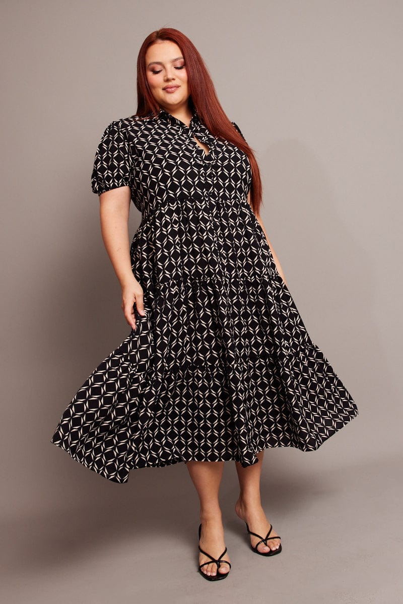 Black Geo Midi Dress Short Sleeve Shirt Tiered - Image 2