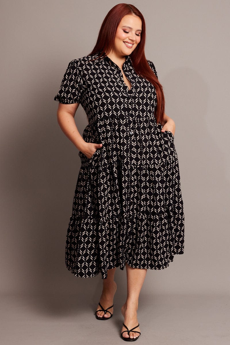 Black Geo Midi Dress Short Sleeve Shirt Tiered - Image 3