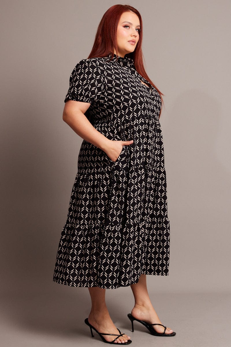 Black Geo Midi Dress Short Sleeve Shirt Tiered - Image 4