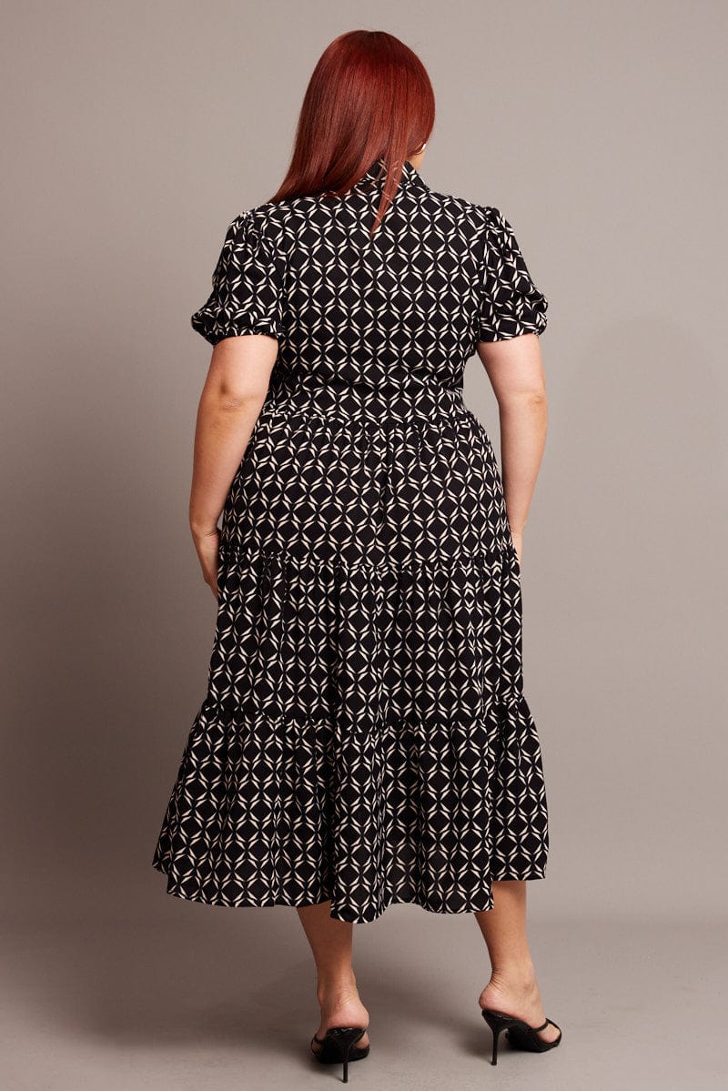 Black Geo Midi Dress Short Sleeve Shirt Tiered - Image 5