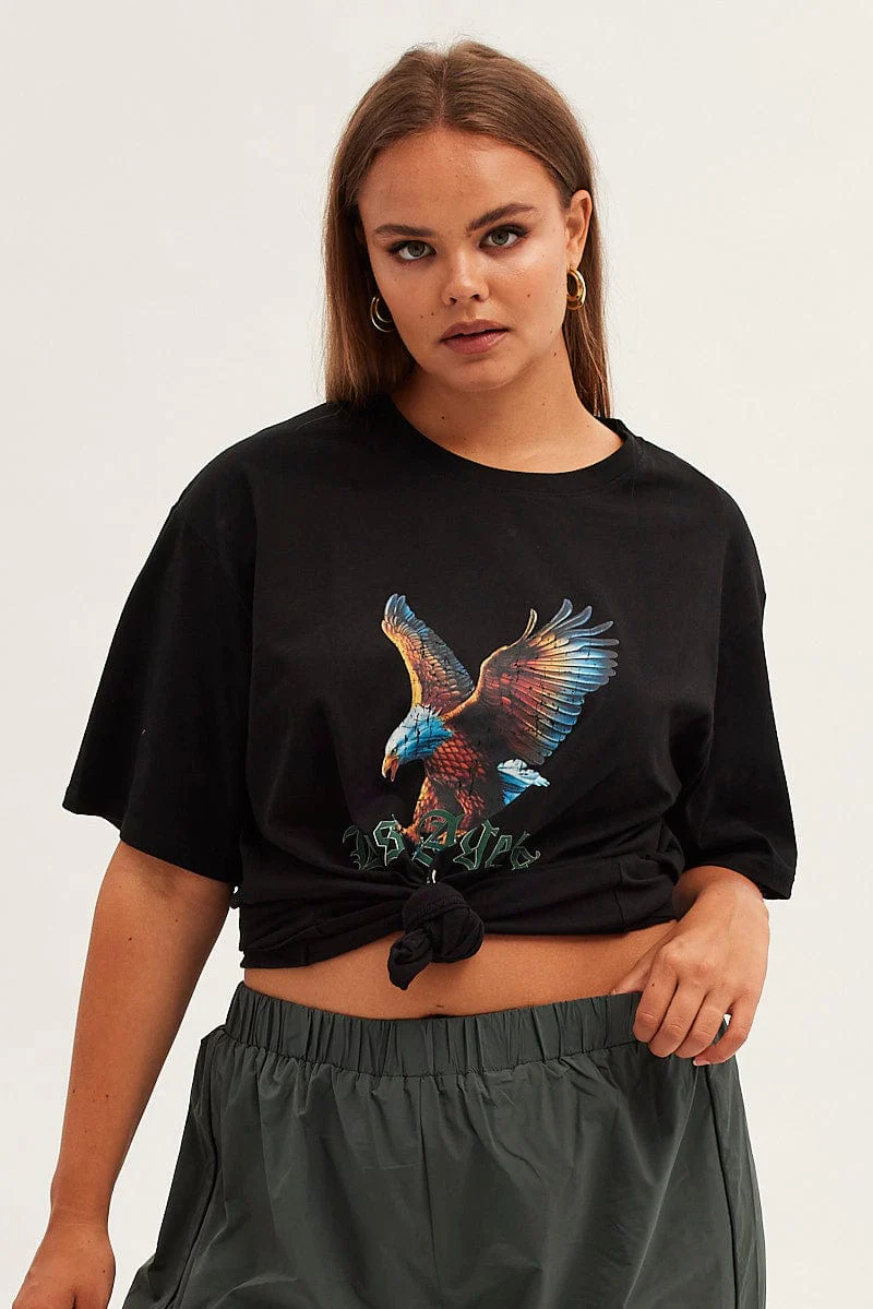 Black Graphic T-shirt Eagle Print Oversized Cotton - Image 3