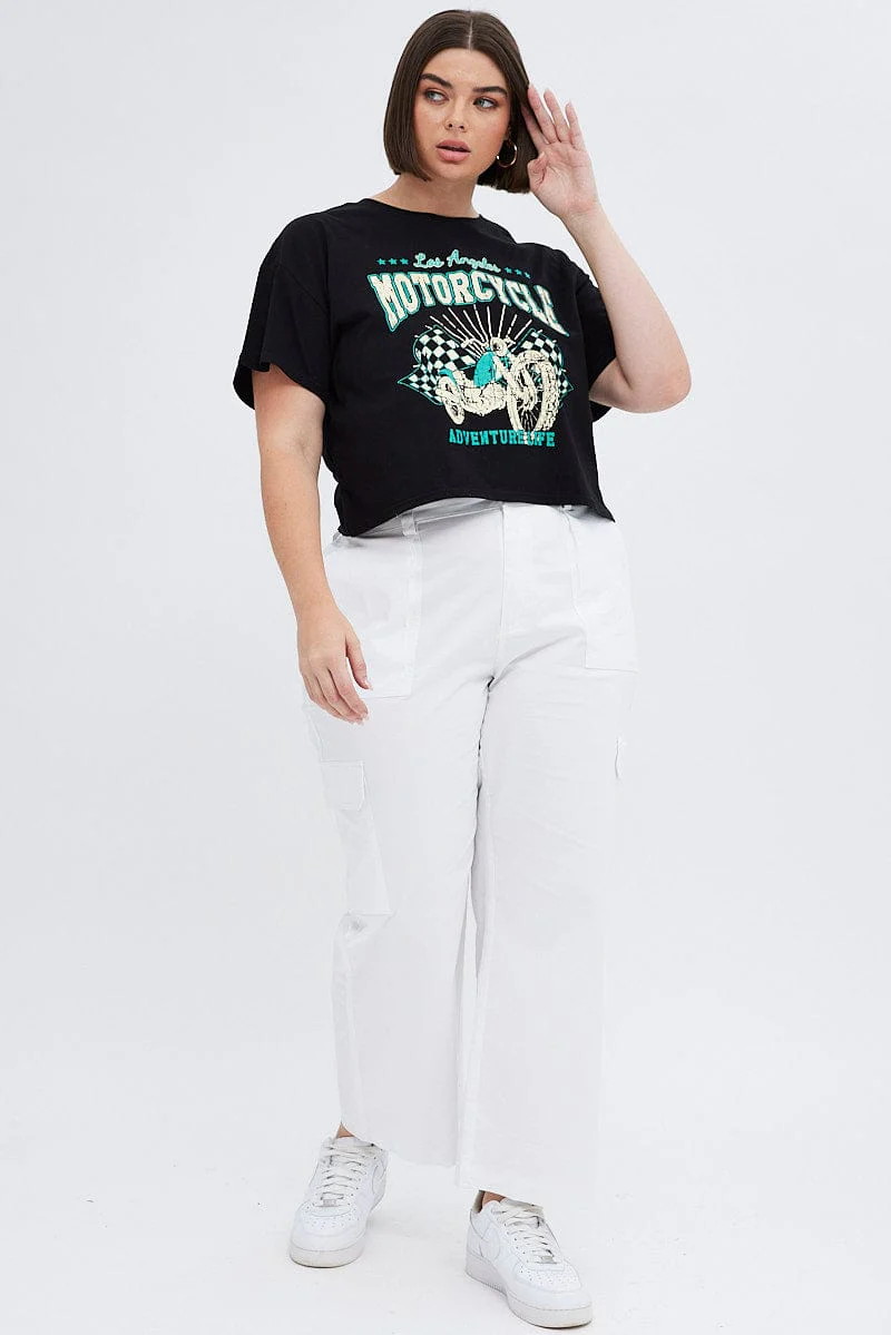 Black Graphic T-shirt La Motorcycle Cotton Crop Jersey - Image 2