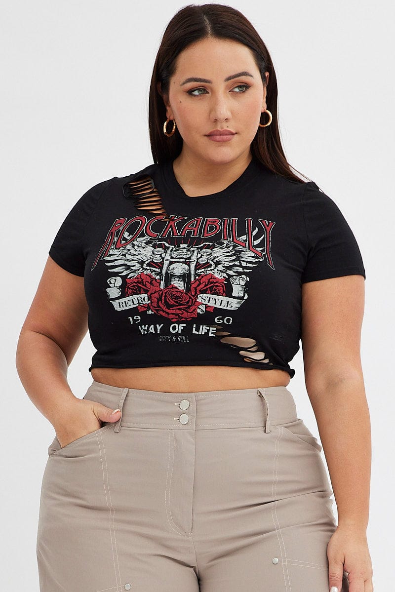Black Graphic T-shirt Rockabilly Distressed Crop - Image 3