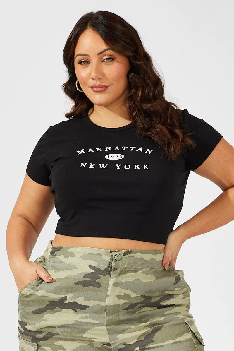 Black Graphic T-shirt Short Sleeve Crew Neck Crop - Image 3