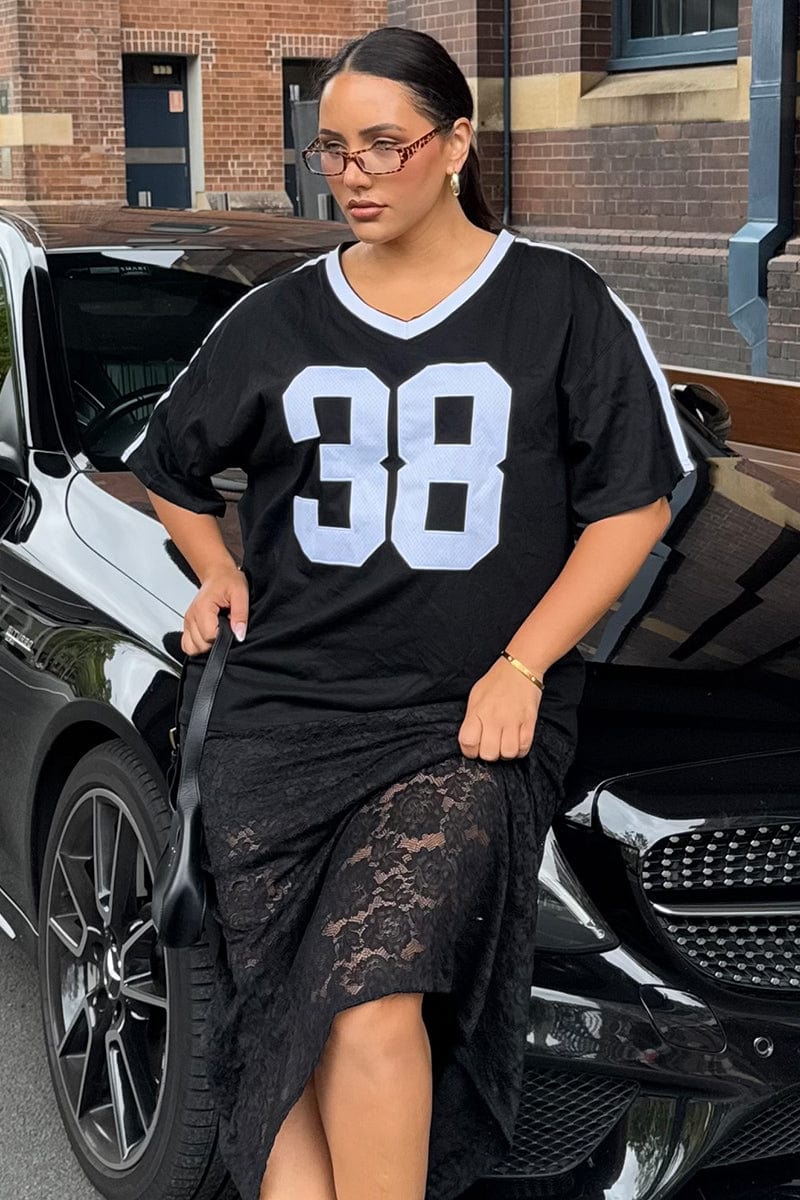 Black Graphic T Shirt Short Sleeve V Neck
