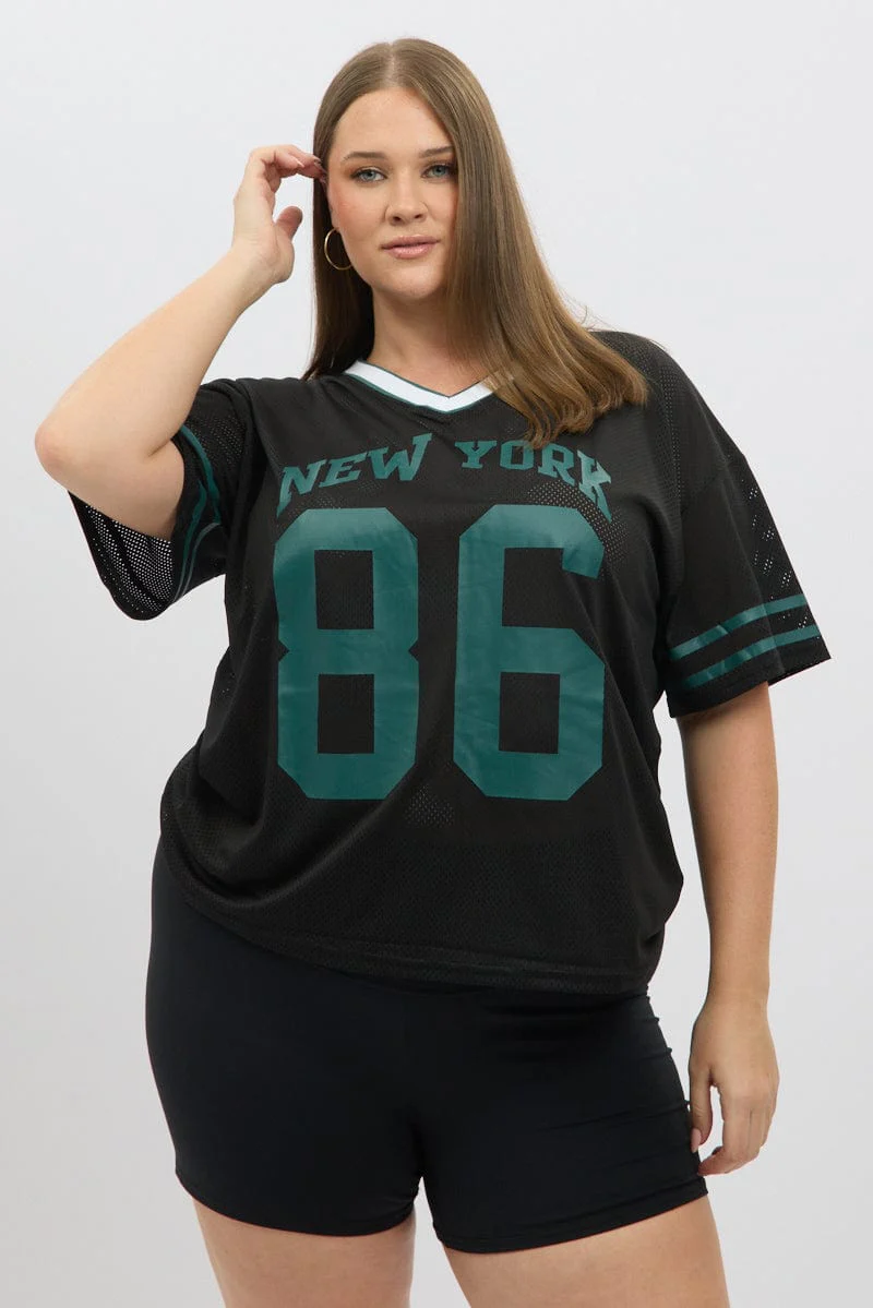 Black Graphic T Shirt Short Sleeve V Neck