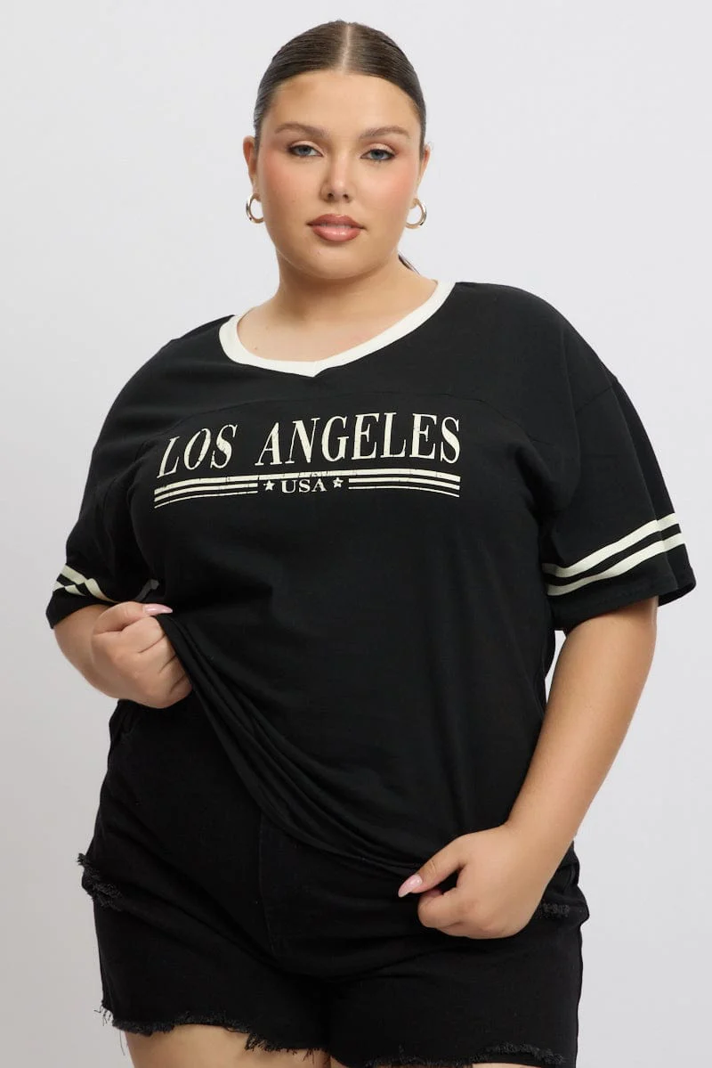 Black Graphic T Shirt Short Sleeve V Neck