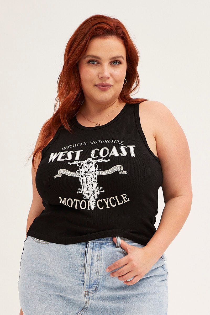 Black Graphic Tank Top Crew Neck Sleeveless - Image 3
