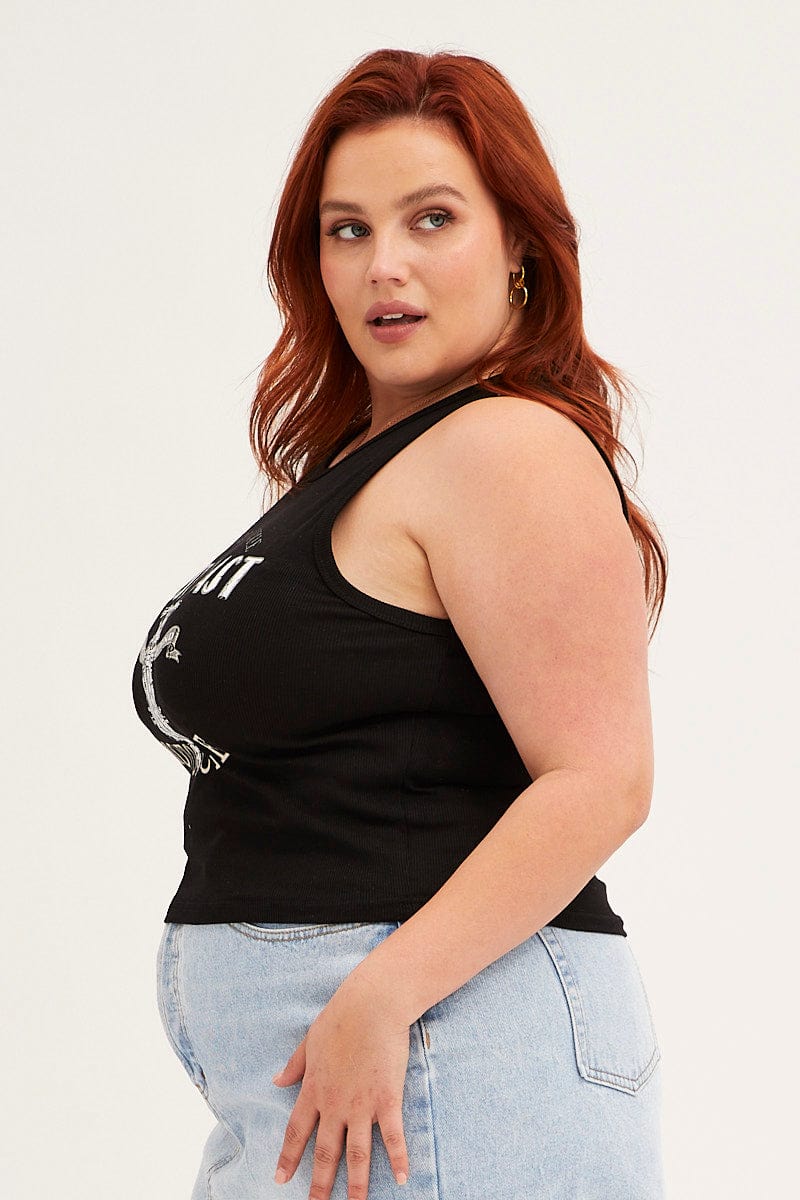 Black Graphic Tank Top Crew Neck Sleeveless - Image 4
