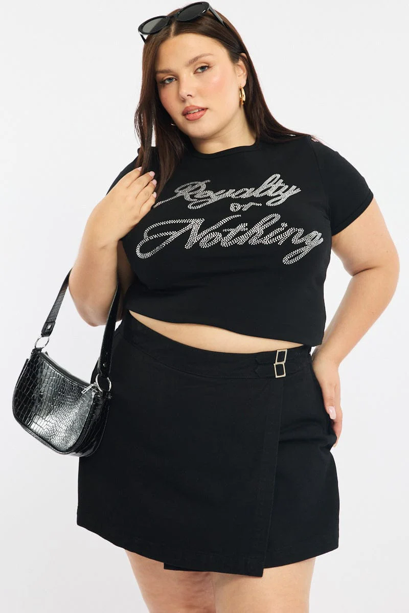 Black Graphic Tee Short Sleeve Rhinestone