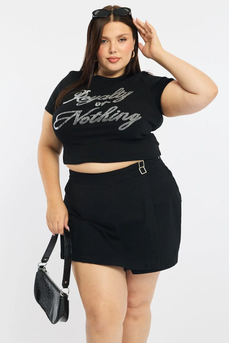 Black Graphic Tee Short Sleeve Rhinestone - Image 2