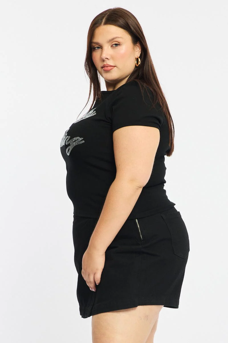 Black Graphic Tee Short Sleeve Rhinestone - Image 4