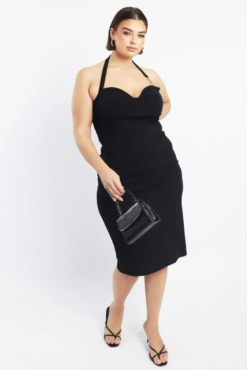 Black Halter Bodycon Midi Dress Clasp Detail - Image 2