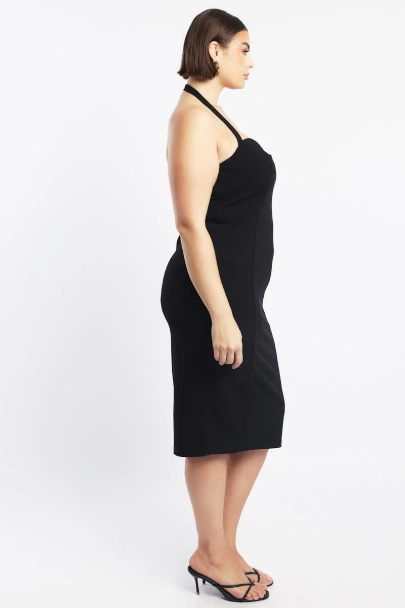 Black Halter Bodycon Midi Dress Clasp Detail - Image 4