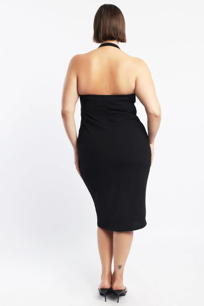 Black Halter Bodycon Midi Dress Clasp Detail - Image 5