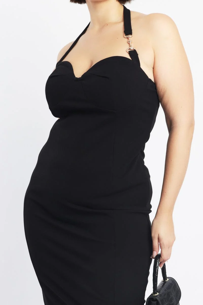 Black Halter Bodycon Midi Dress Clasp Detail - Image 6