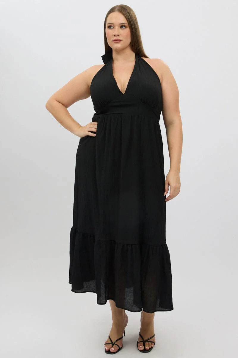 Black Halter Neck Dress Sleeveless Textured