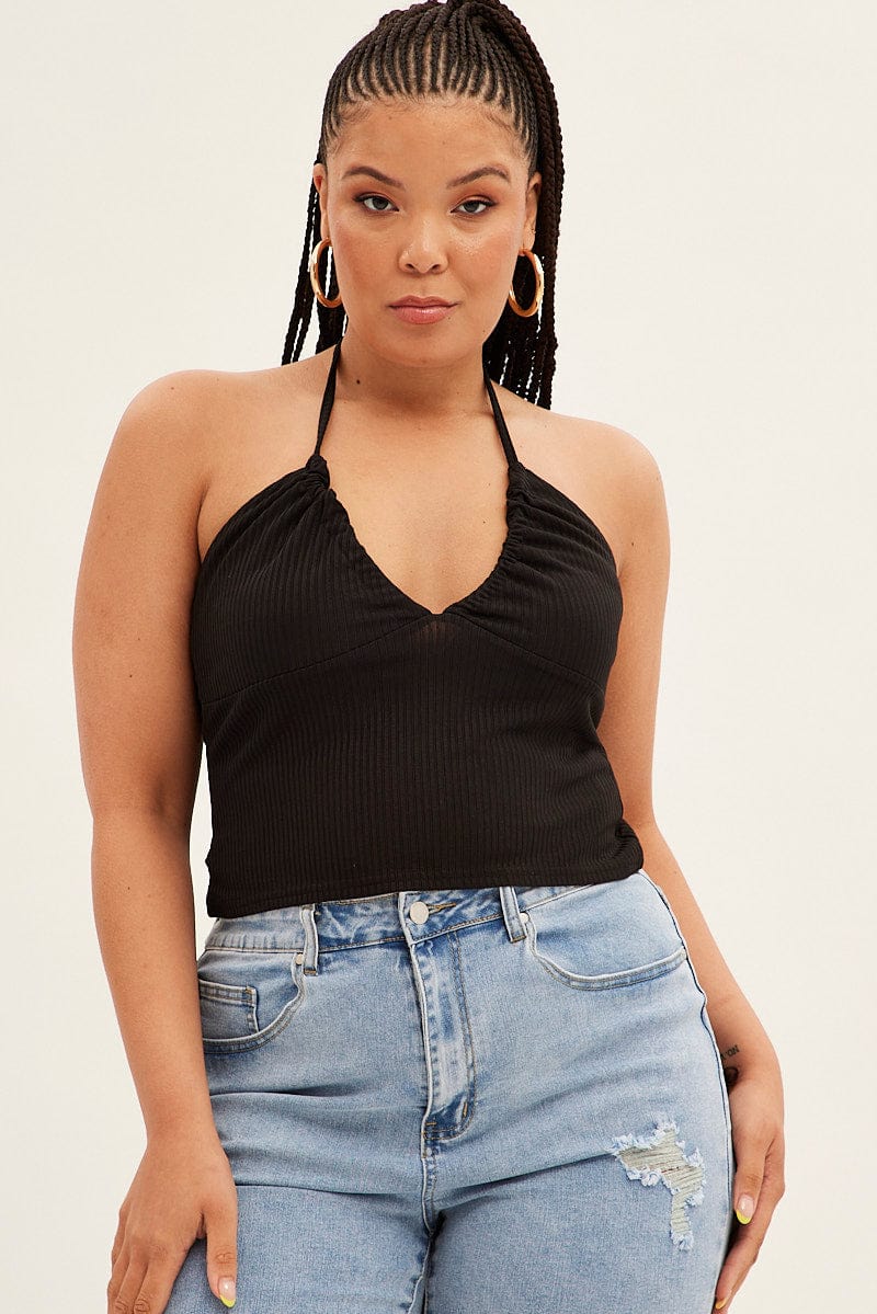 Black Halter Top Rib Jersey Gather Bust Detail - Image 3