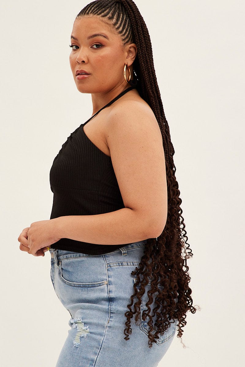 Black Halter Top Rib Jersey Gather Bust Detail - Image 4