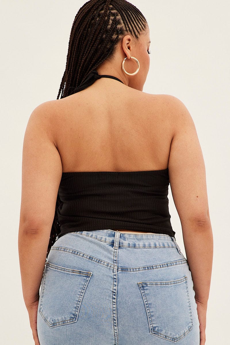 Black Halter Top Rib Jersey Gather Bust Detail - Image 5