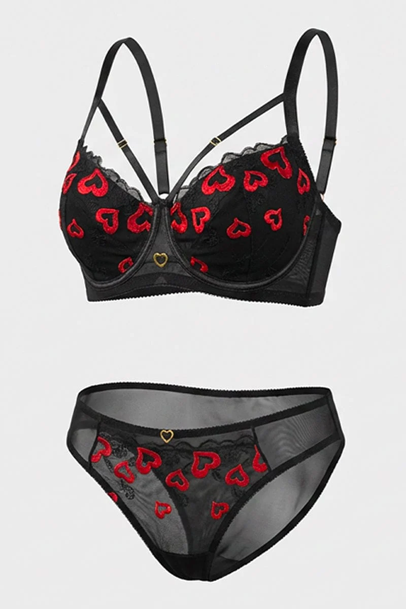 Black Heart Embroidered Lingerie Set