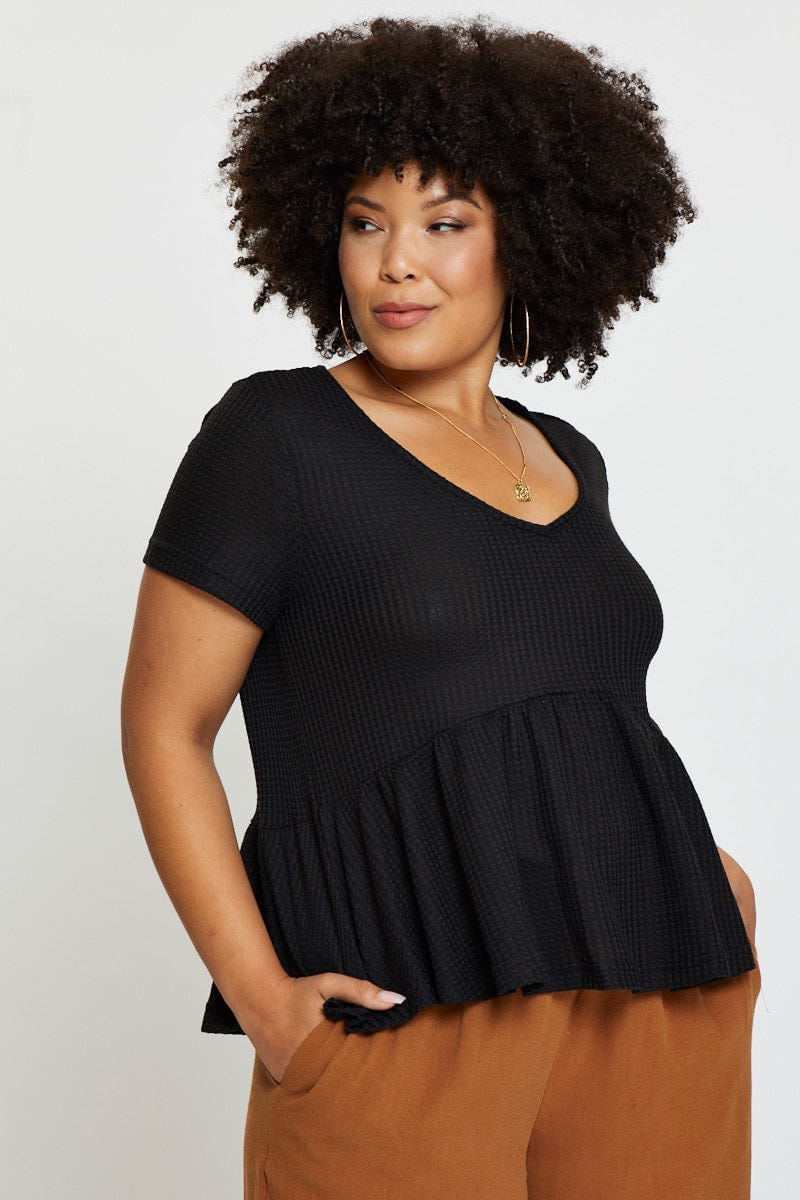 Black Hem T-shirt V-Neck Short Sleeve Waffle Gathered
