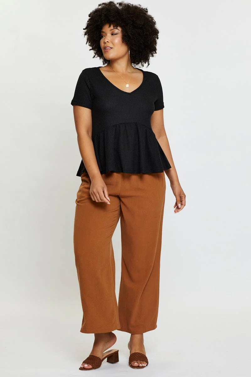 Black Hem T-shirt V-Neck Short Sleeve Waffle Gathered - Image 2