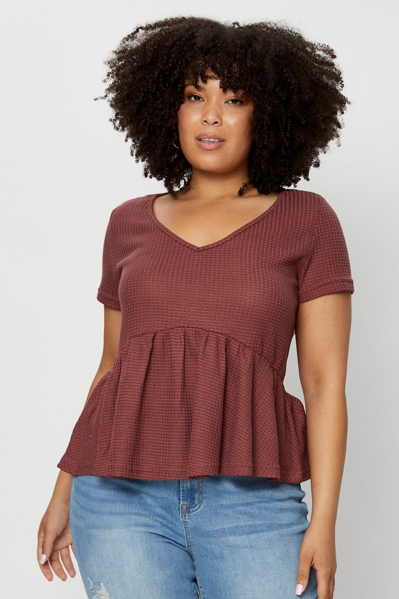 Black Hem T-shirt V-Neck Short Sleeve Waffle Gathered - Image 3