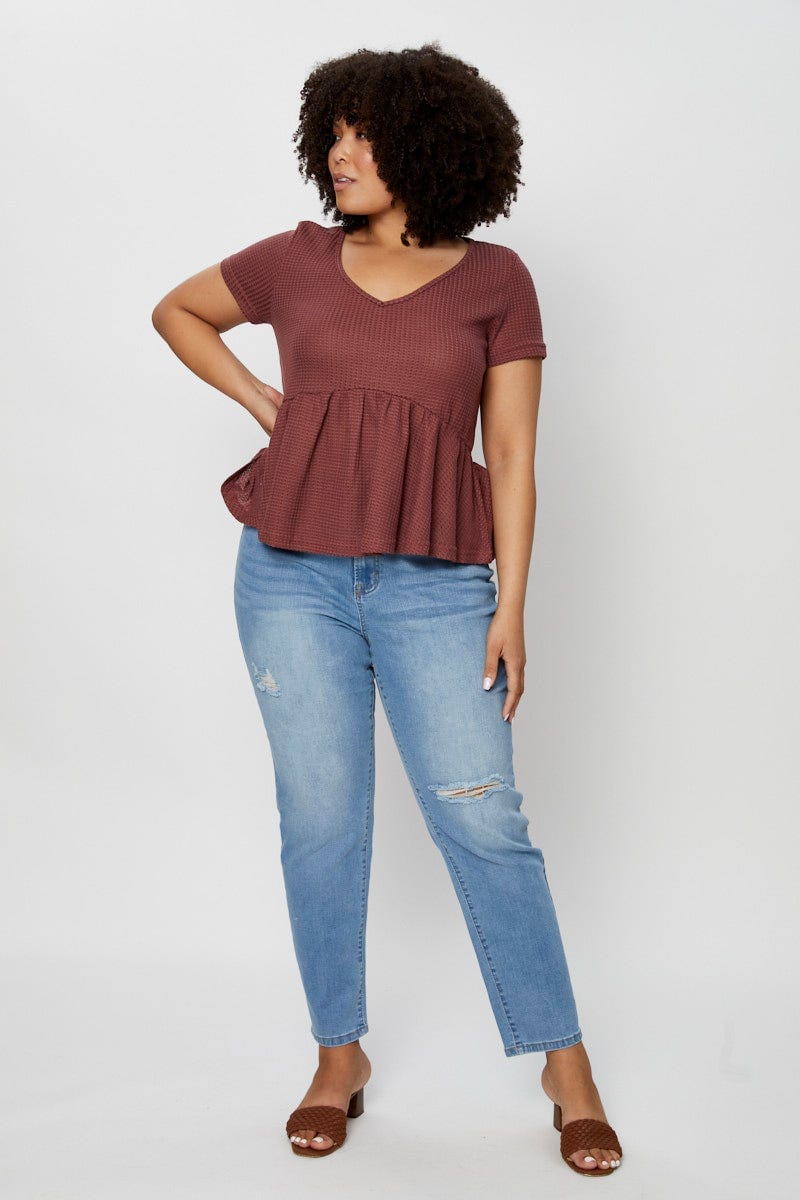 Black Hem T-shirt V-Neck Short Sleeve Waffle Gathered - Image 4