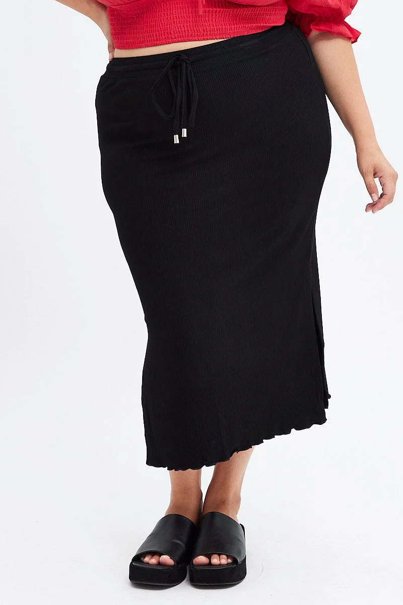 Black High Waist Side Slit Midi Jersey Skirt - Image 2
