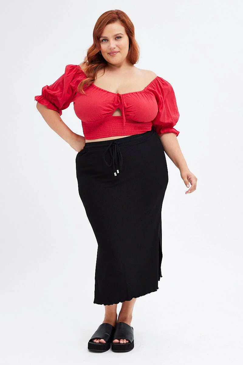 Black High Waist Side Slit Midi Jersey Skirt - Image 3