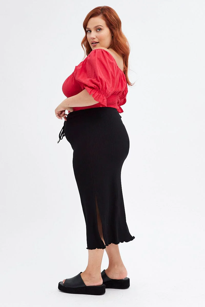 Black High Waist Side Slit Midi Jersey Skirt - Image 4