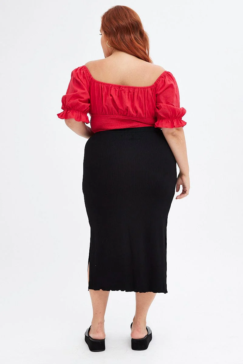 Black High Waist Side Slit Midi Jersey Skirt - Image 5