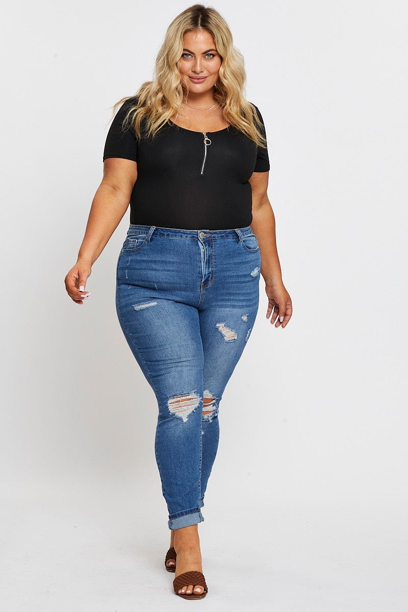 Black Jersey Bodysuit Ring Zip Front Short Sleeve - Image 3