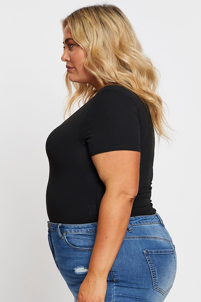 Black Jersey Bodysuit Ring Zip Front Short Sleeve - Image 4
