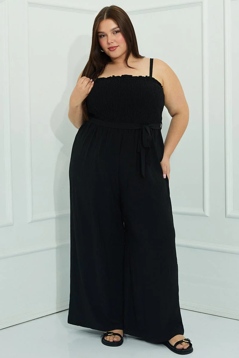 Black Jumpsuit Sleeveless Shirred Body Wide Leg