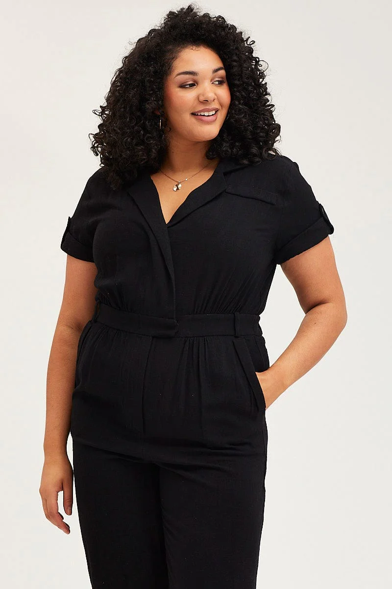 Black Jumpsuit V-neck Short Sleeve Waist Tie - Image 2