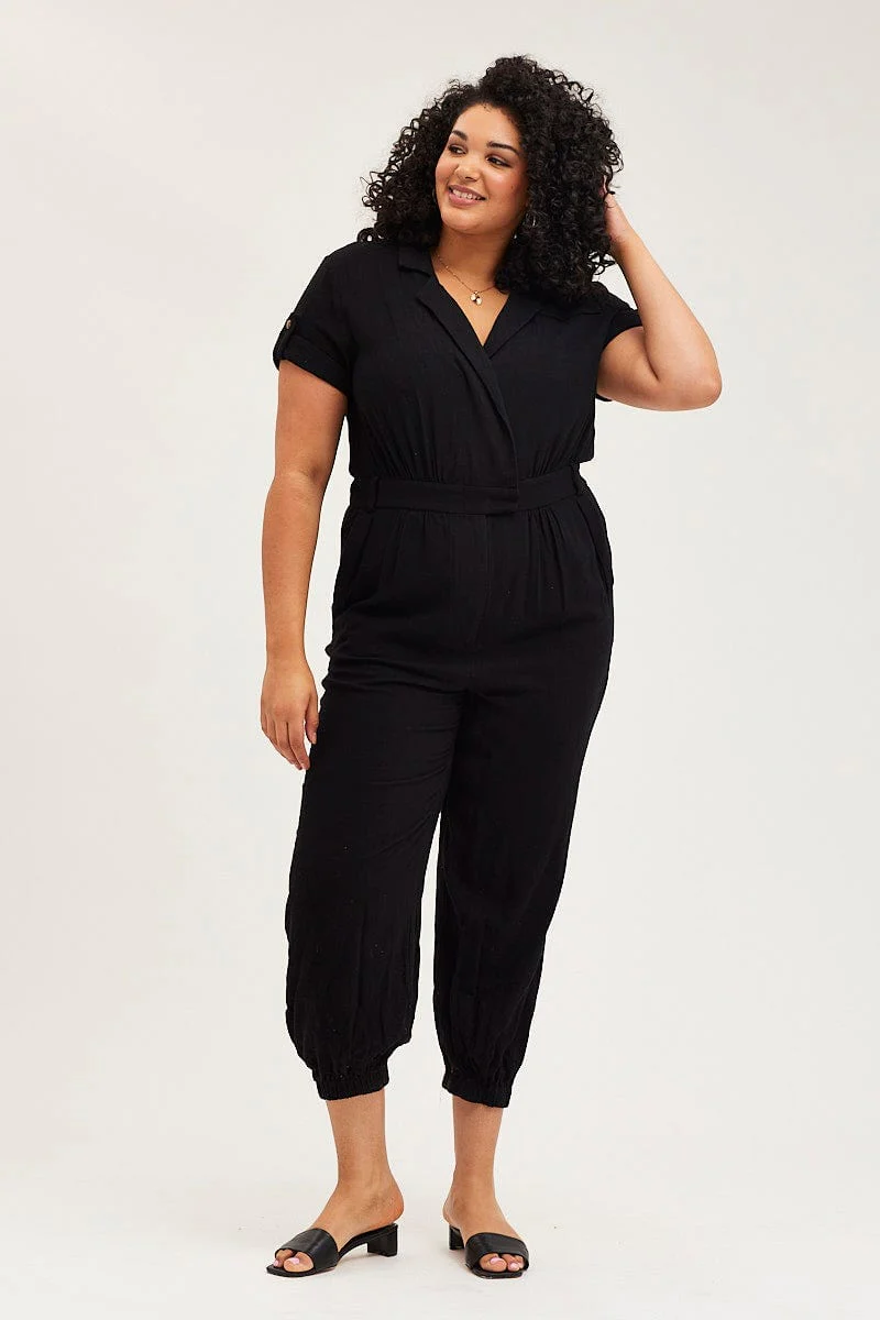 Black Jumpsuit V-neck Short Sleeve Waist Tie - Image 3
