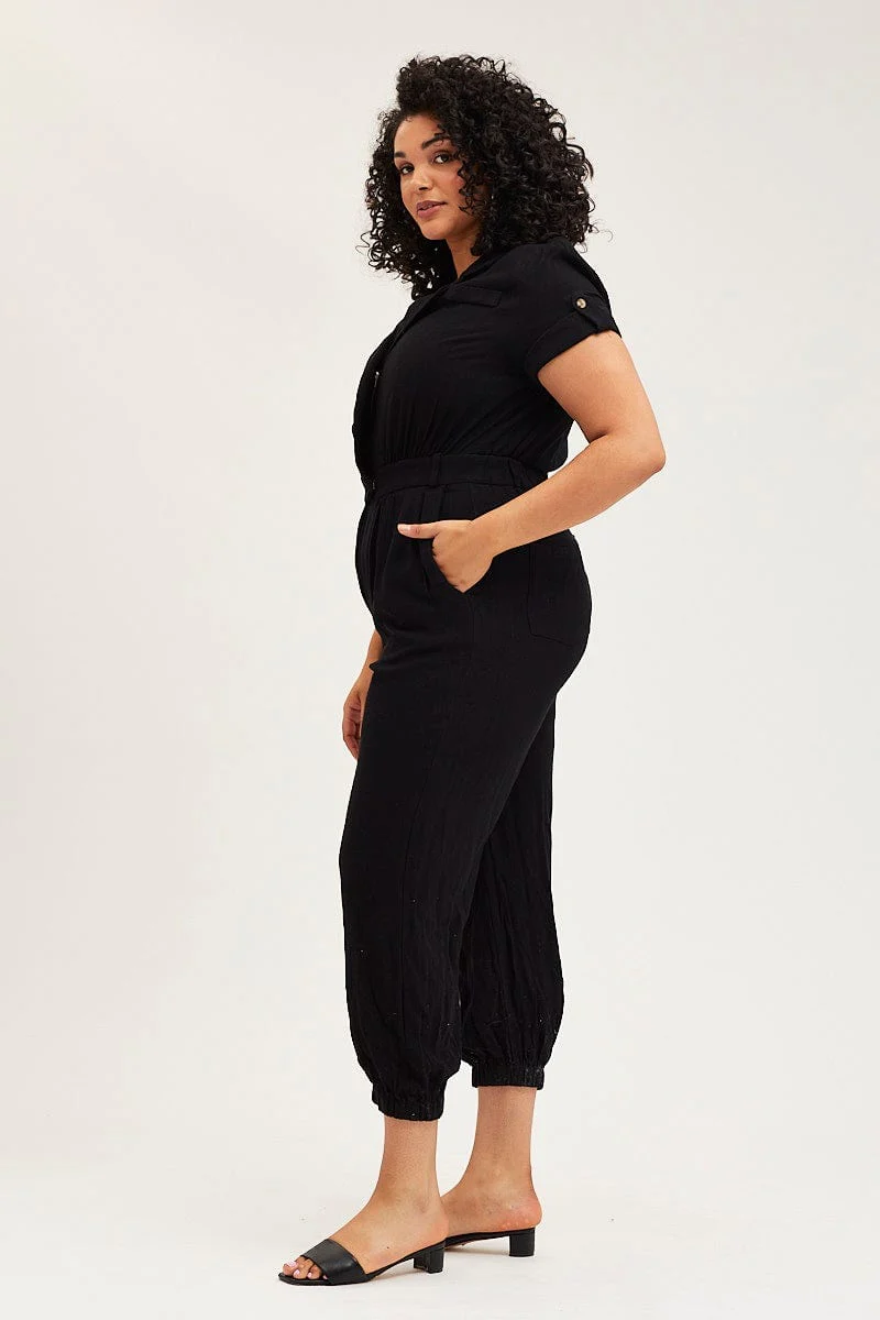 Black Jumpsuit V-neck Short Sleeve Waist Tie - Image 4