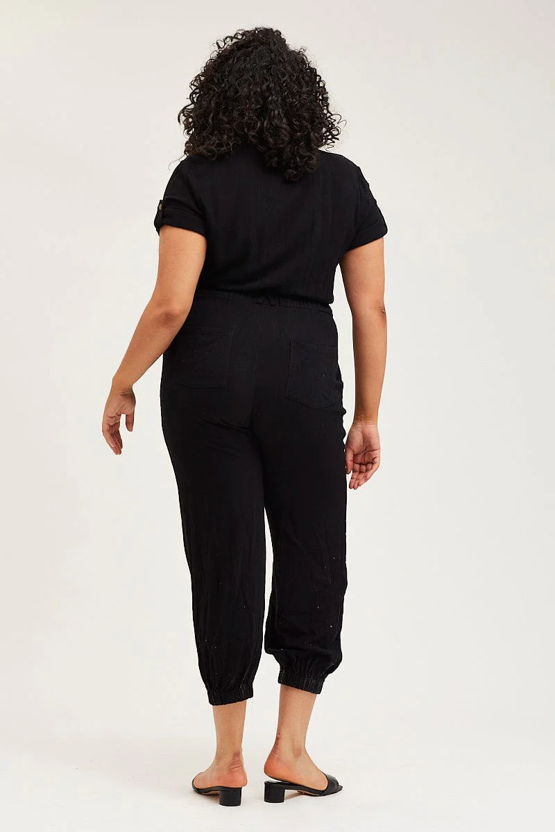 Black Jumpsuit V-neck Short Sleeve Waist Tie - Image 5