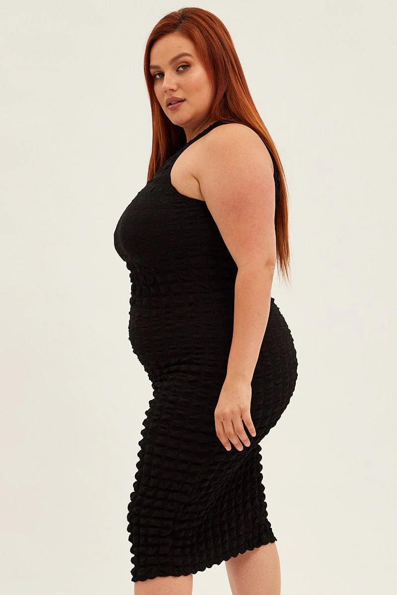 Black Knee Dress Stretch Bubble Texture - Image 4