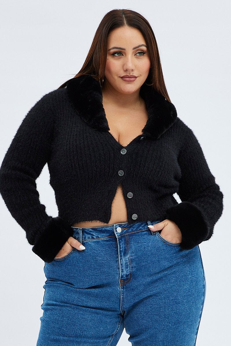Black Knit Cardigan Fur Trim - Image 3