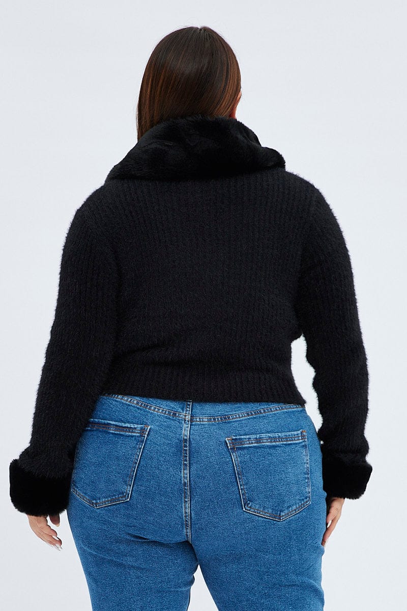 Black Knit Cardigan Fur Trim - Image 5