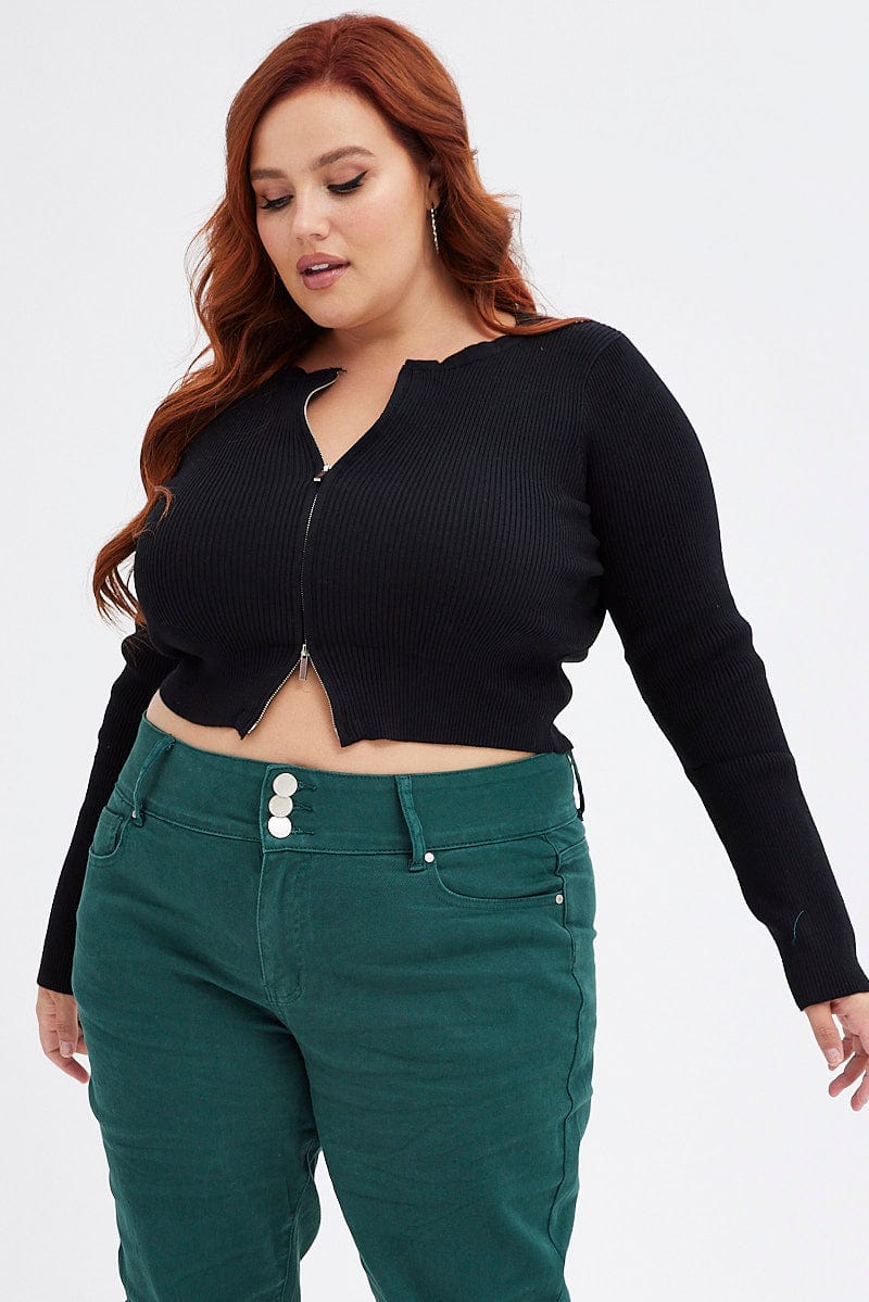 Black Knit Cardigan Zip Up Ribbed - Image 3
