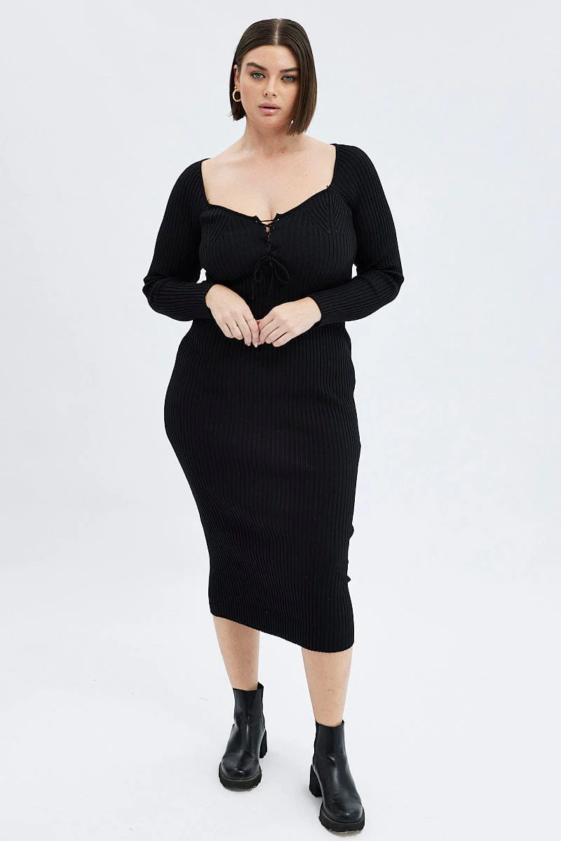 Black Knit Dress Lace Up Front Long Sleeve Rib - Image 2
