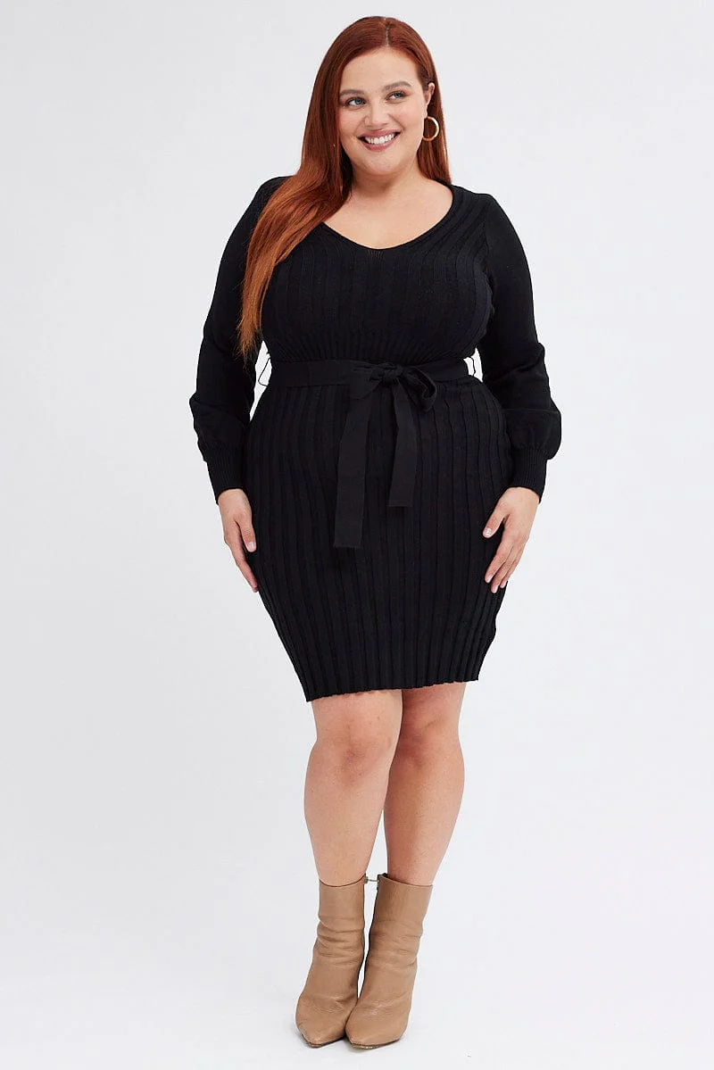 Black Knit Dress Long Sleeve Wide Rib Belted - Image 2