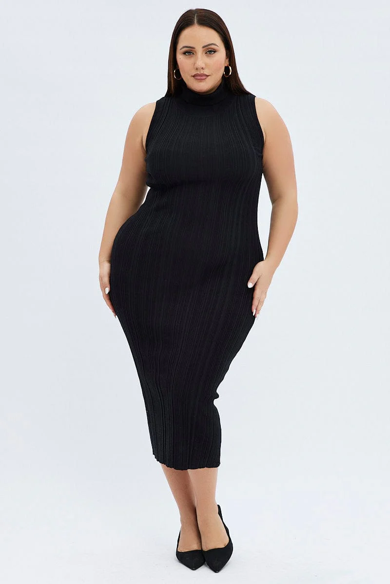 Black Knit Dress Midi Length High Neck Sleeveless - Image 3