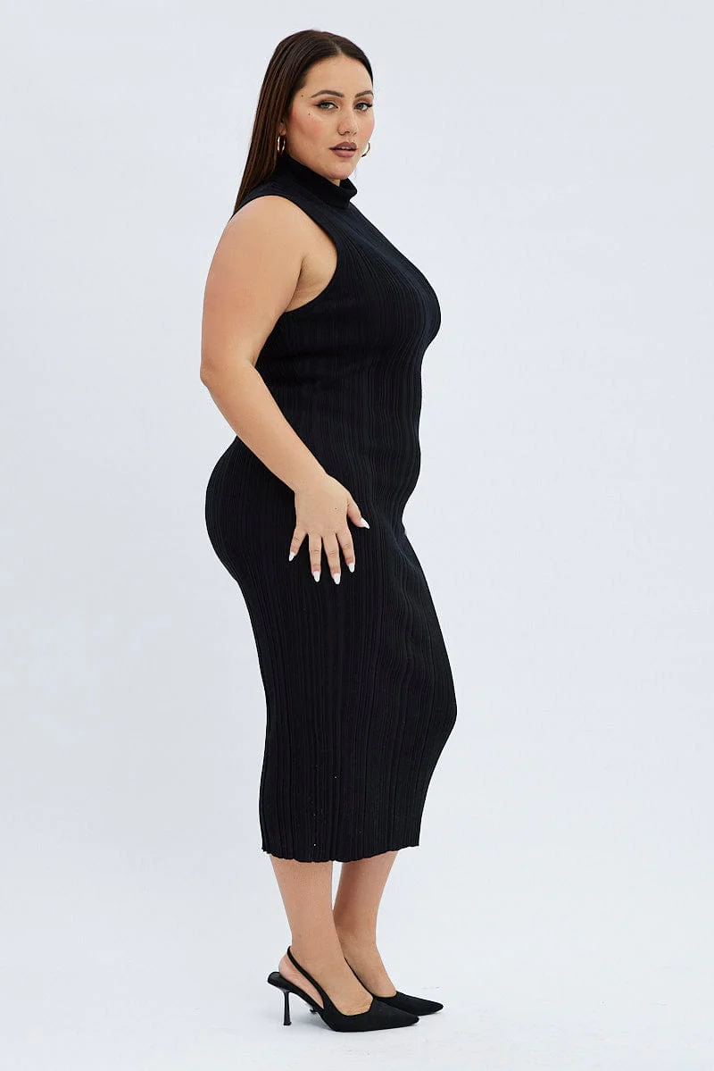 Black Knit Dress Midi Length High Neck Sleeveless - Image 4