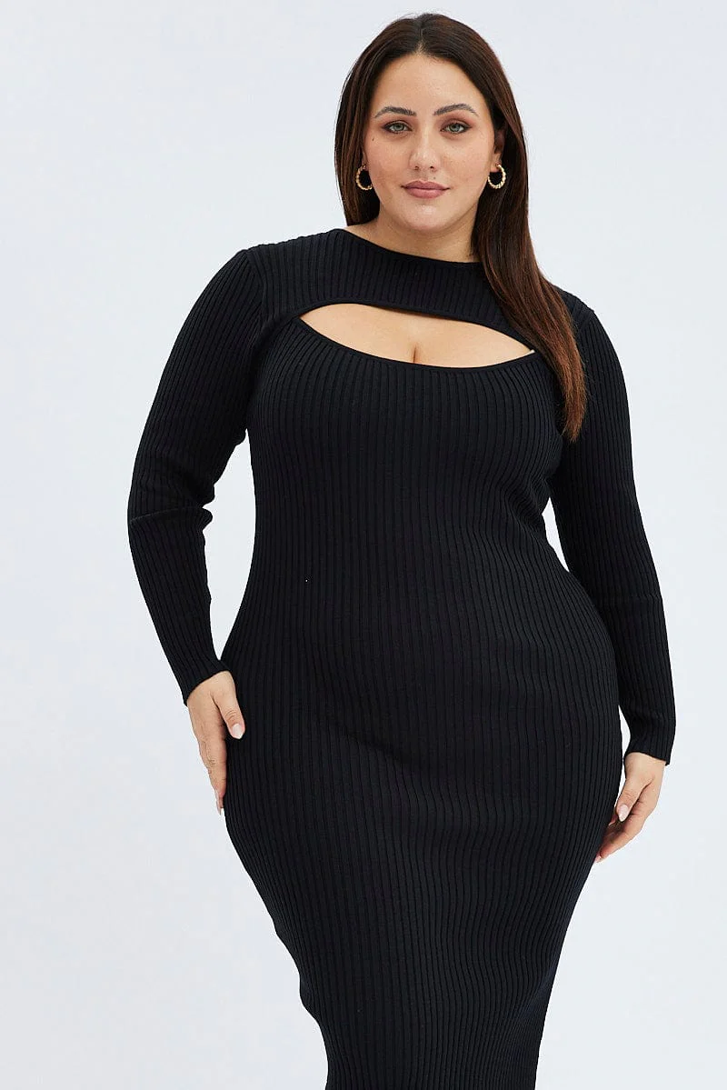 Black Knit Dress Midi Long Sleeve - Image 2