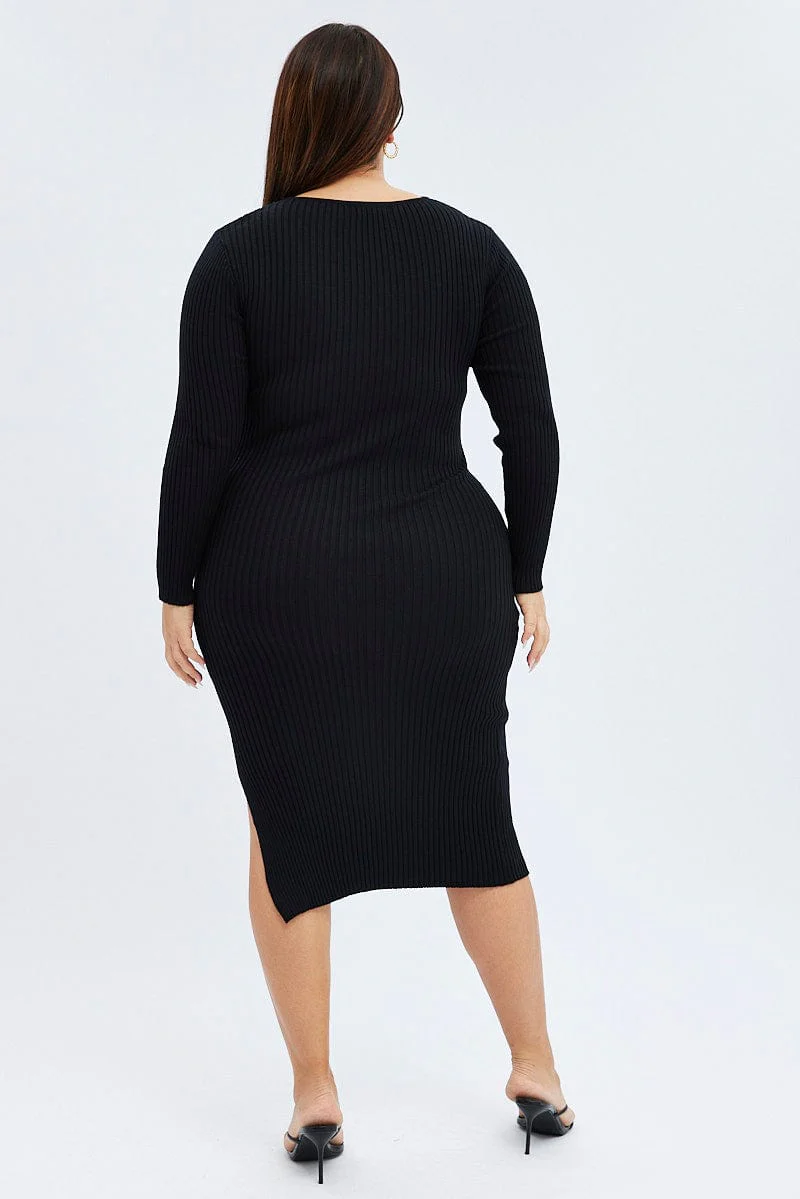 Black Knit Dress Midi Long Sleeve - Image 5